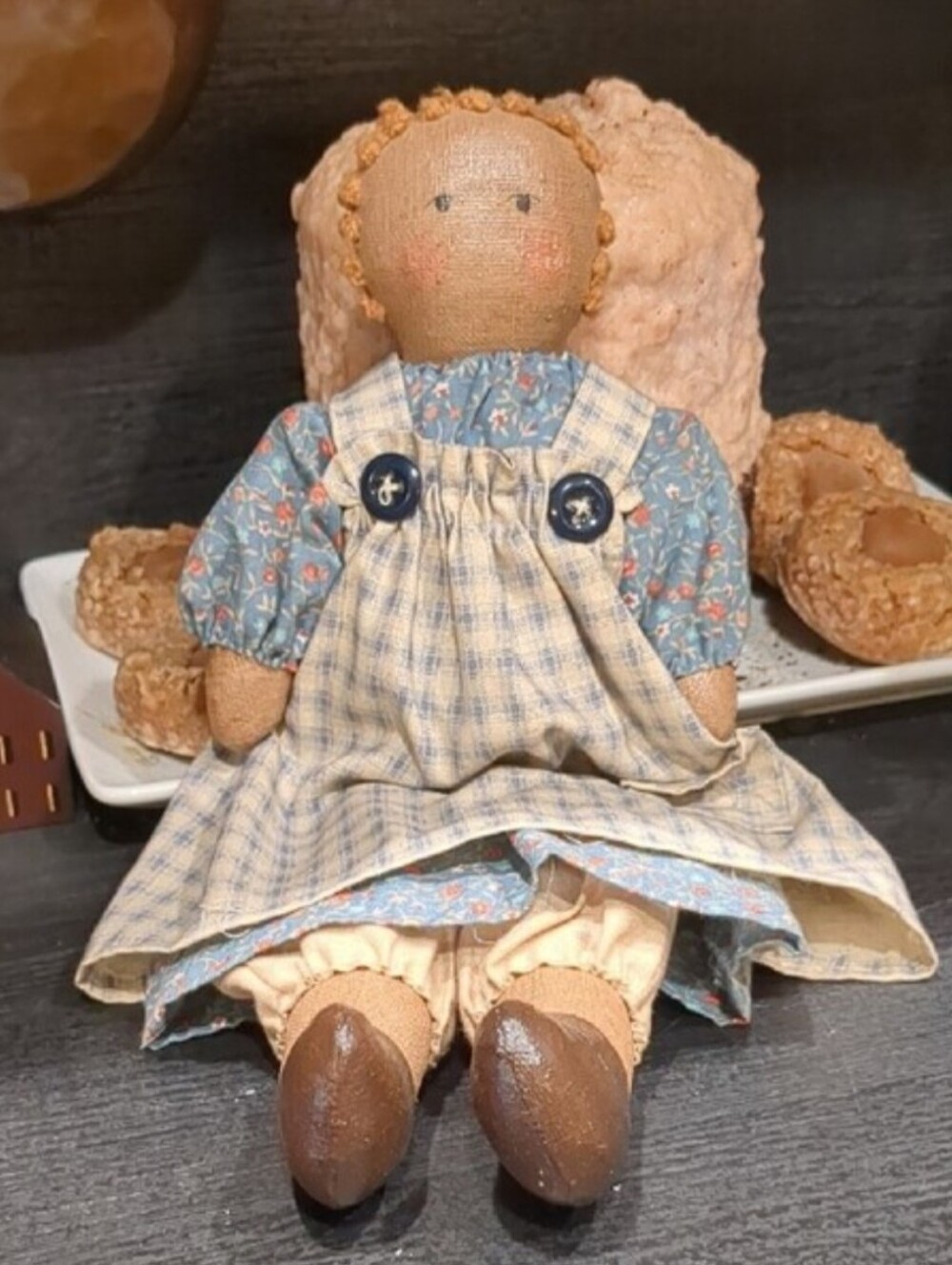 Handmade Cloth Rag Doll in Blue Floral Dress with Cream Checked Apron Primitive